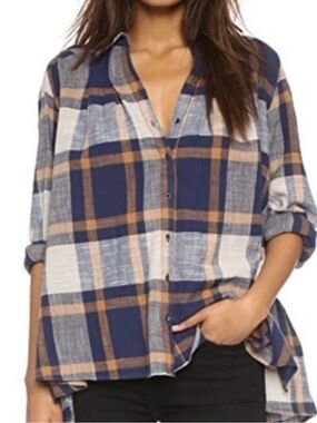 Free People Navy and Tan Plaid Button-Down Tunic